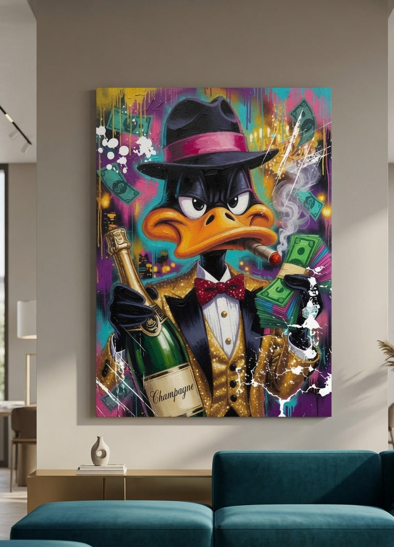Tableau Daffy Duck street art dans un intérieur contemporain, création exclusive Iconik-Art
