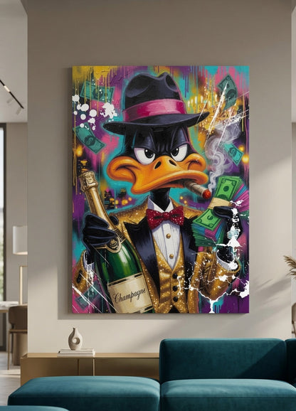 Tableau Daffy Duck street art dans un intérieur contemporain, création exclusive Iconik-Art

