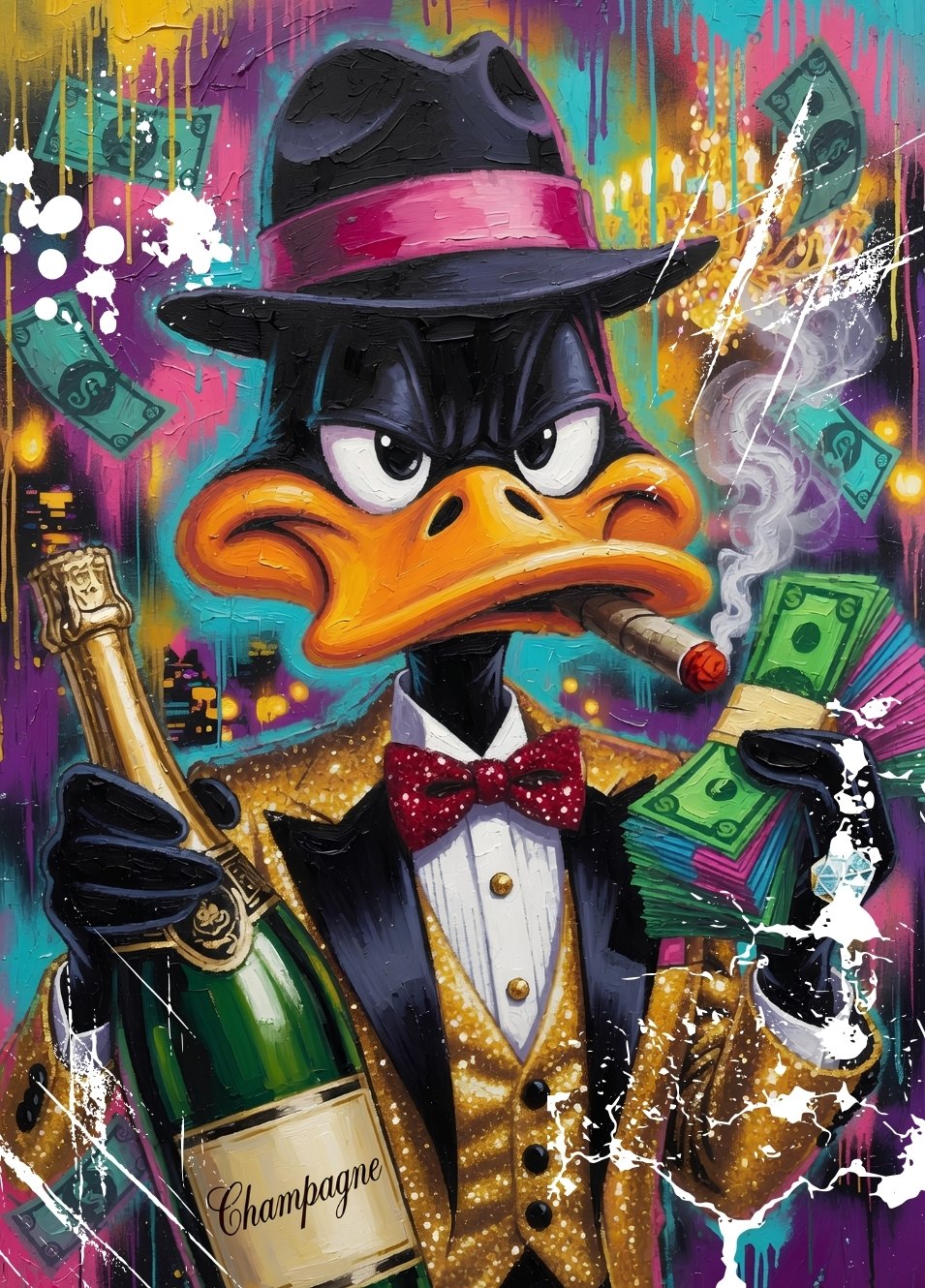 Tableau Daffy Duck street art avec champagne, billets et graffiti colorés
