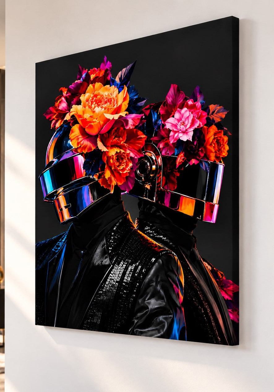 Portrait artistique de Daft Punk avec fleurs roses orange et rouges
