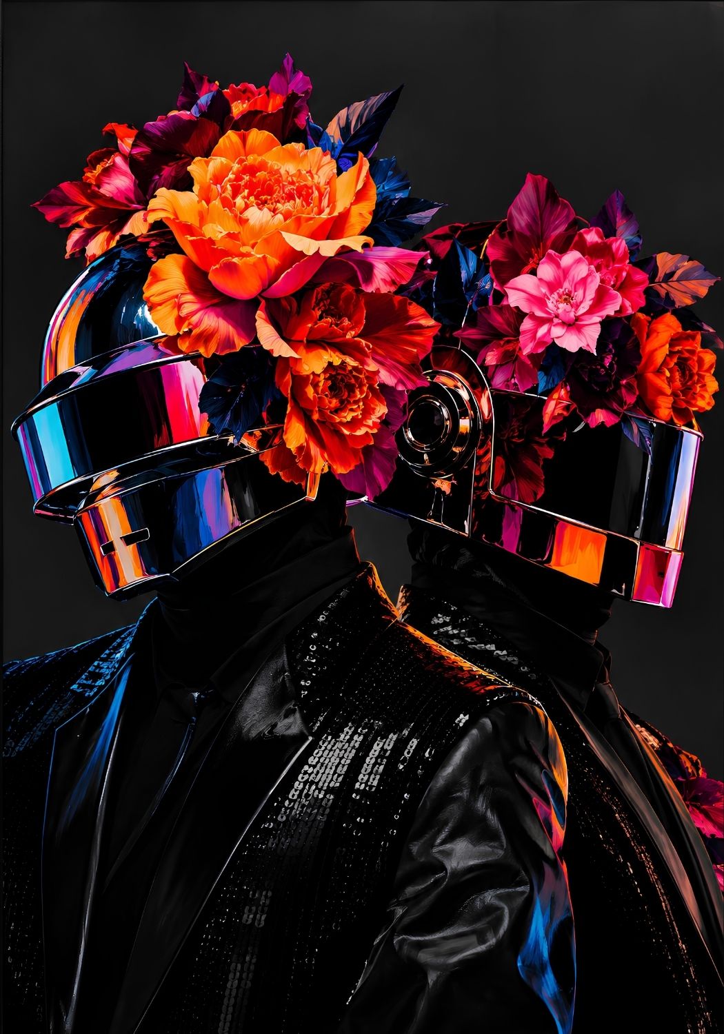 Tableau Daft Punk avec casques chromés et fleurs colorées
