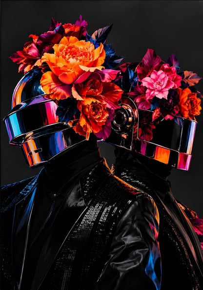 Tableau Daft Punk avec casques chromés et fleurs colorées
