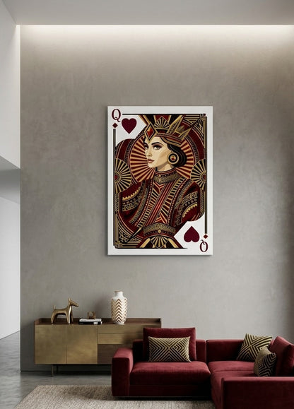 Tableau dame de cœur accroché dans salon chic décoration murale rouge et or design luxe
