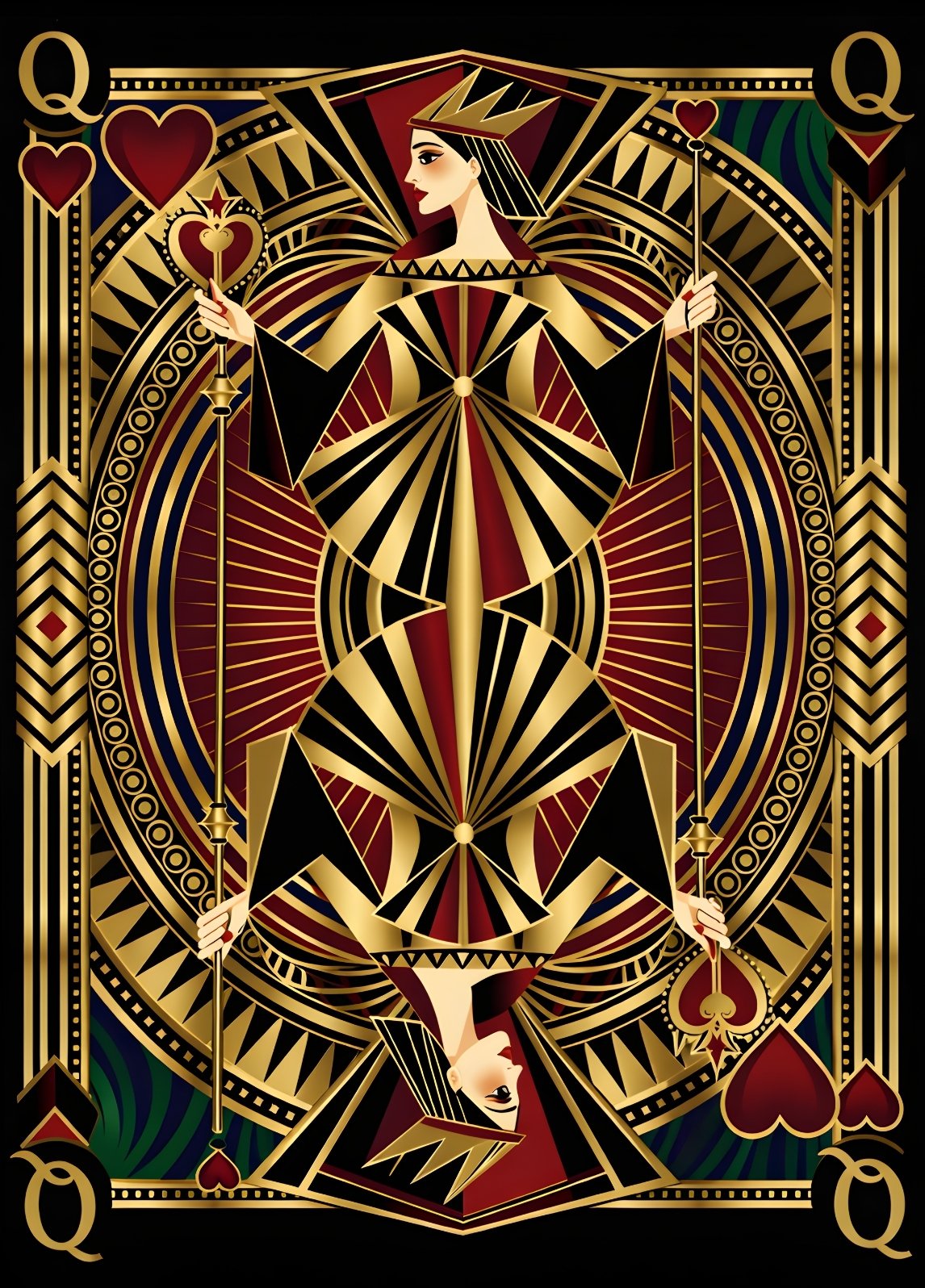 Tableau Dame de Cœur royale noir et or, style art déco graphique, création exclusive Iconik-Art.
