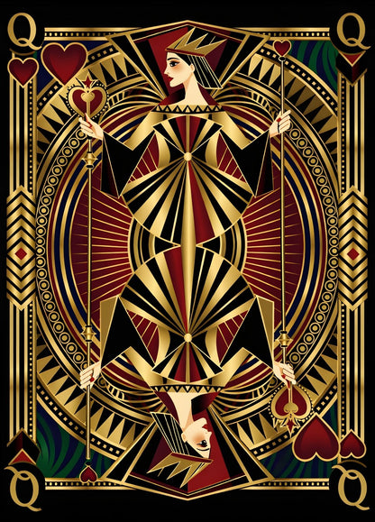 Tableau Dame de Cœur royale noir et or, style art déco graphique, création exclusive Iconik-Art.
