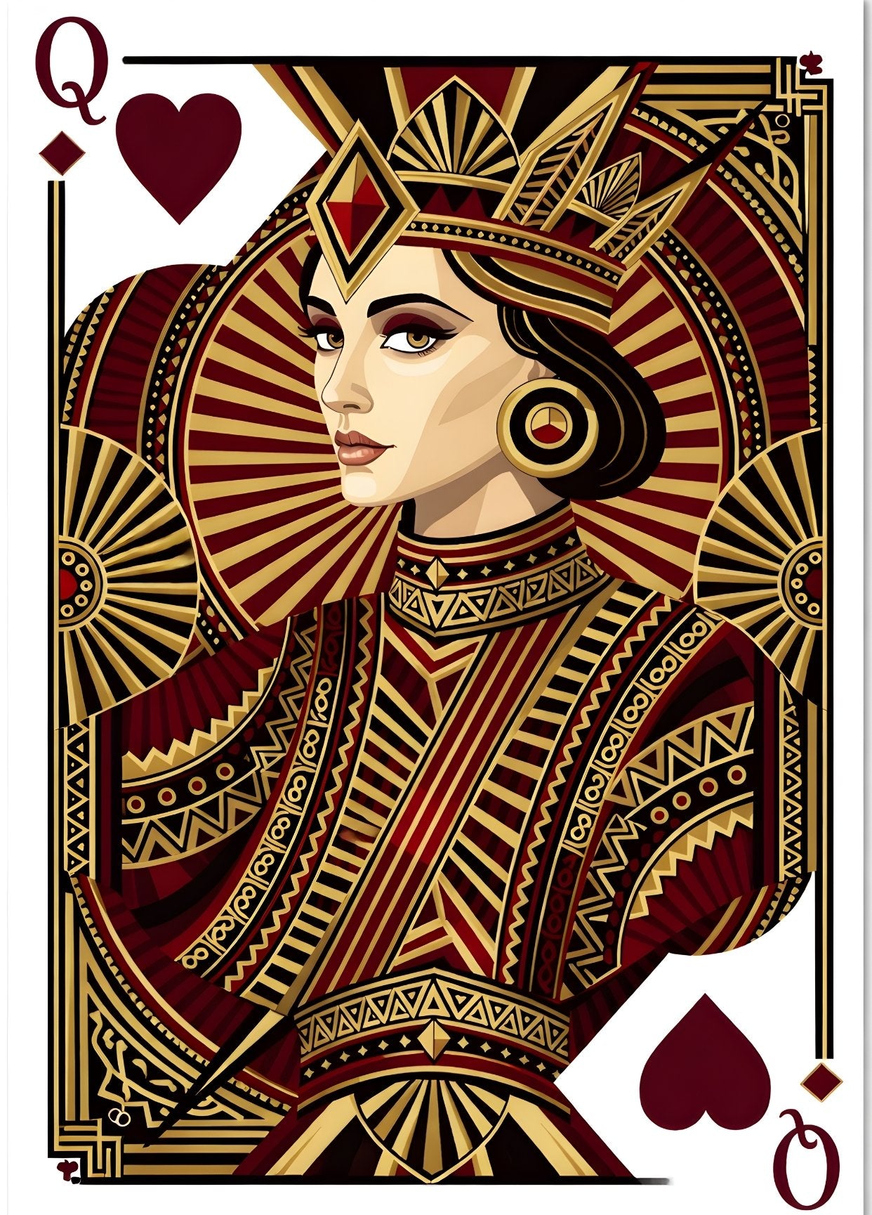 Tableau Dame de Cœur royale style art déco rouge et or décoration murale design

