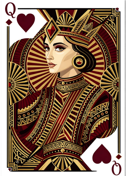 Tableau Dame de Cœur royale style art déco rouge et or décoration murale design
