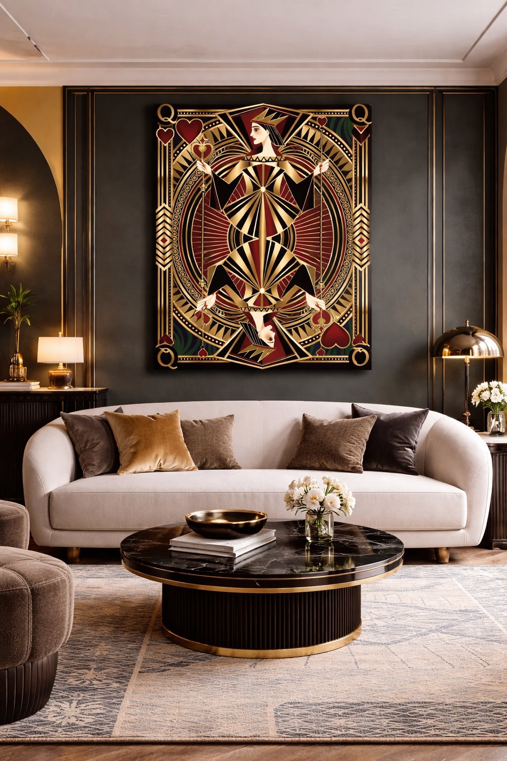 Tableau Dame de Cœur royale accroché dans un bureau chic, décoration murale graphique noir et or.
