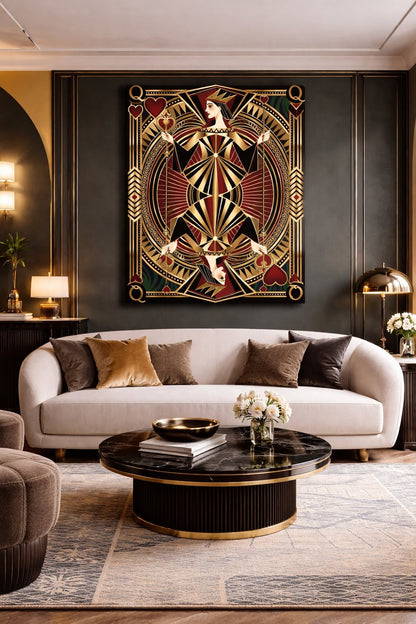 Tableau Dame de Cœur royale accroché dans un bureau chic, décoration murale graphique noir et or.
