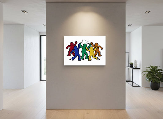 Tableau pop art inspire haring en situation dans un interieur moderne
