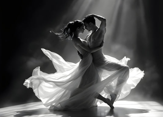 Tableau duo danseurs noir et blanc lumière dramatique photographie artistique décoration murale contemporaine
