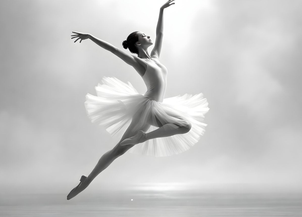 Tableau danseuse classique noir et blanc saut gracieux photographie artistique décoration murale contemporaine
