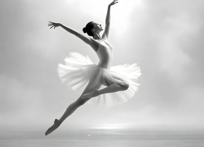 Tableau danseuse classique noir et blanc saut gracieux photographie artistique décoration murale contemporaine
