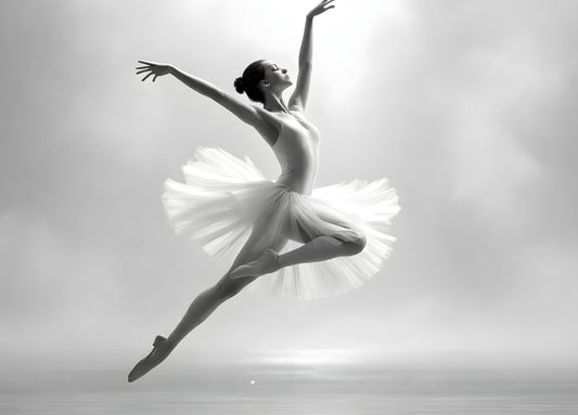 Tableau danseuse classique noir et blanc saut gracieux photographie artistique décoration murale contemporaine
