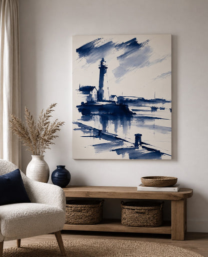 Décoration murale marine contemporaine représentant un phare, des bateaux et leurs reflets dans une palette bleu et blanc.
