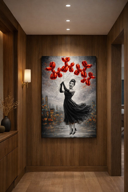 Tableau moderne femme élégante ballons rouges dans un intérieur contemporain chic et design
