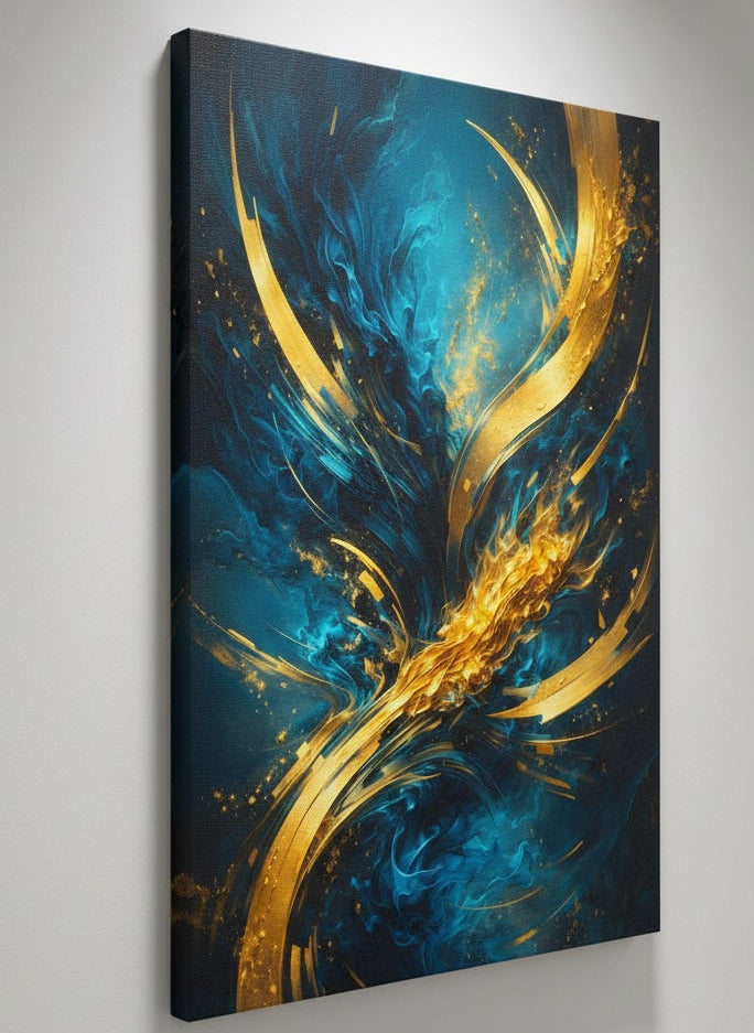 Œuvre murale abstraite énergie lumineuse ambiance élégante intérieure
