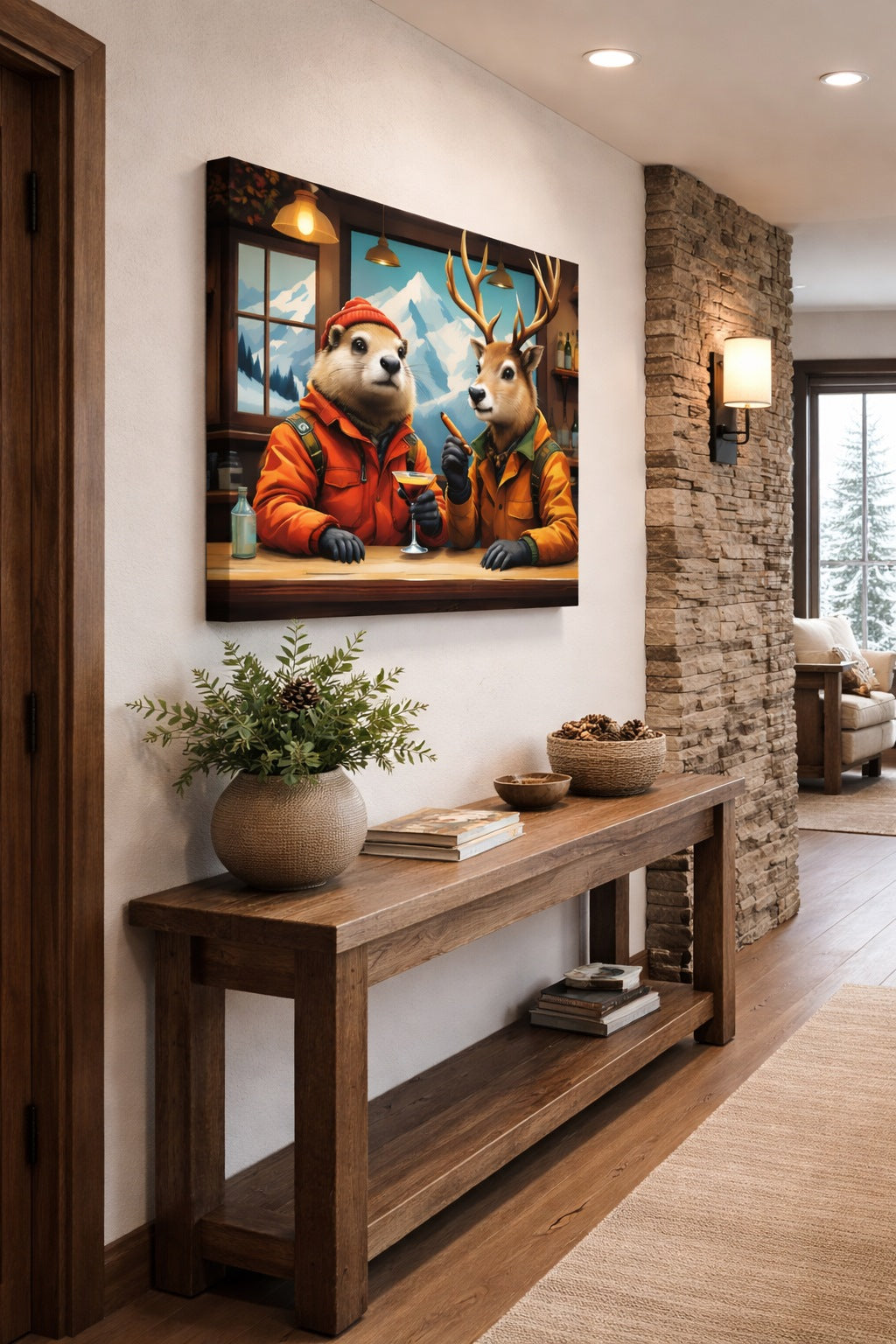 Tableaux modernes pour salon ambiance montagne animaux revisités humour
