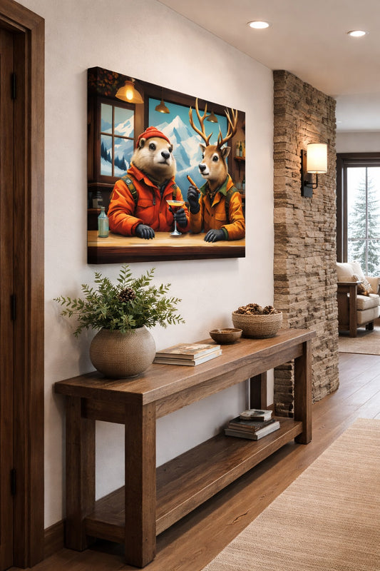 Tableaux modernes pour salon ambiance montagne animaux revisités humour
