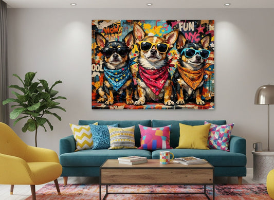 Tableau chiens pop art accroché dans un salon contemporain ambiance urbaine et décoration murale moderne
