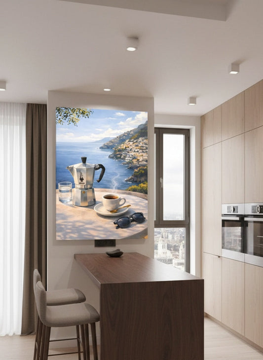 Tableau cafetière italienne installé dans cuisine moderne ambiance lumineuse méditerranéenne
