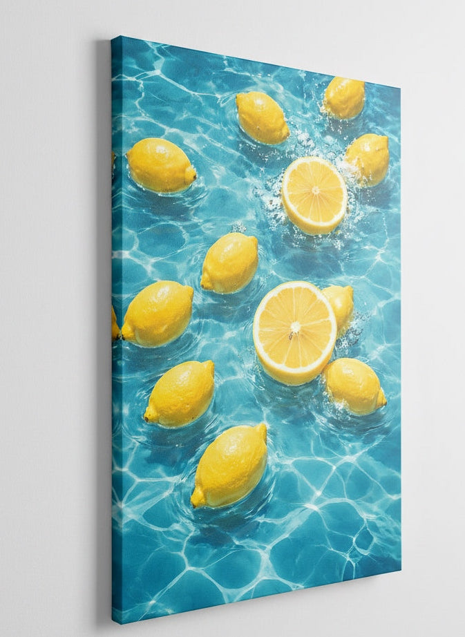Déco murale contemporaine citron et piscine bleue, style été chic pour cuisine moderne et salon clair
