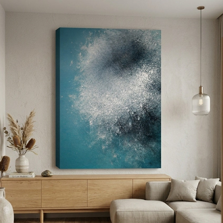 Tableaux modernes pour salon abstraction bleue ambiance minimaliste élégante
