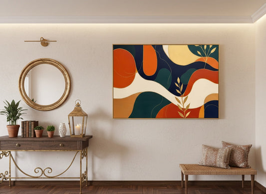 Déco murale graphique avec courbes fluides, touches dorées fines, palette bleu nuit terracotta, ambiance chic contemporaine.
