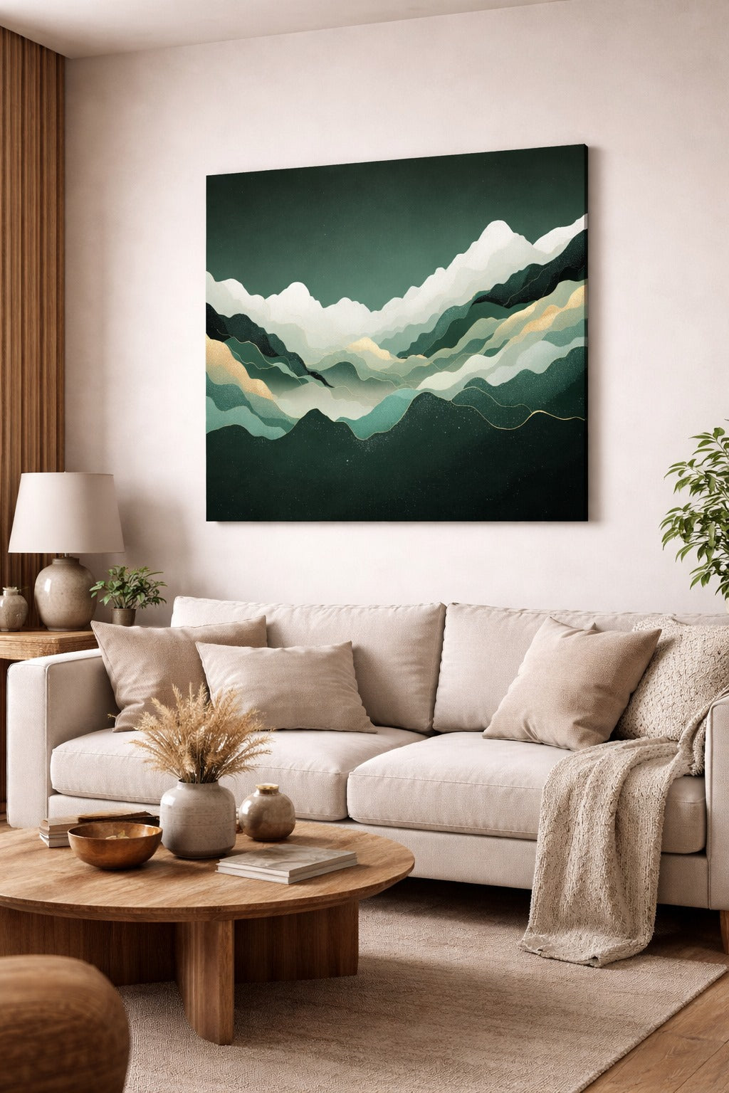 Tableaux modernes pour salon abstraction verte élégante ambiance chic
