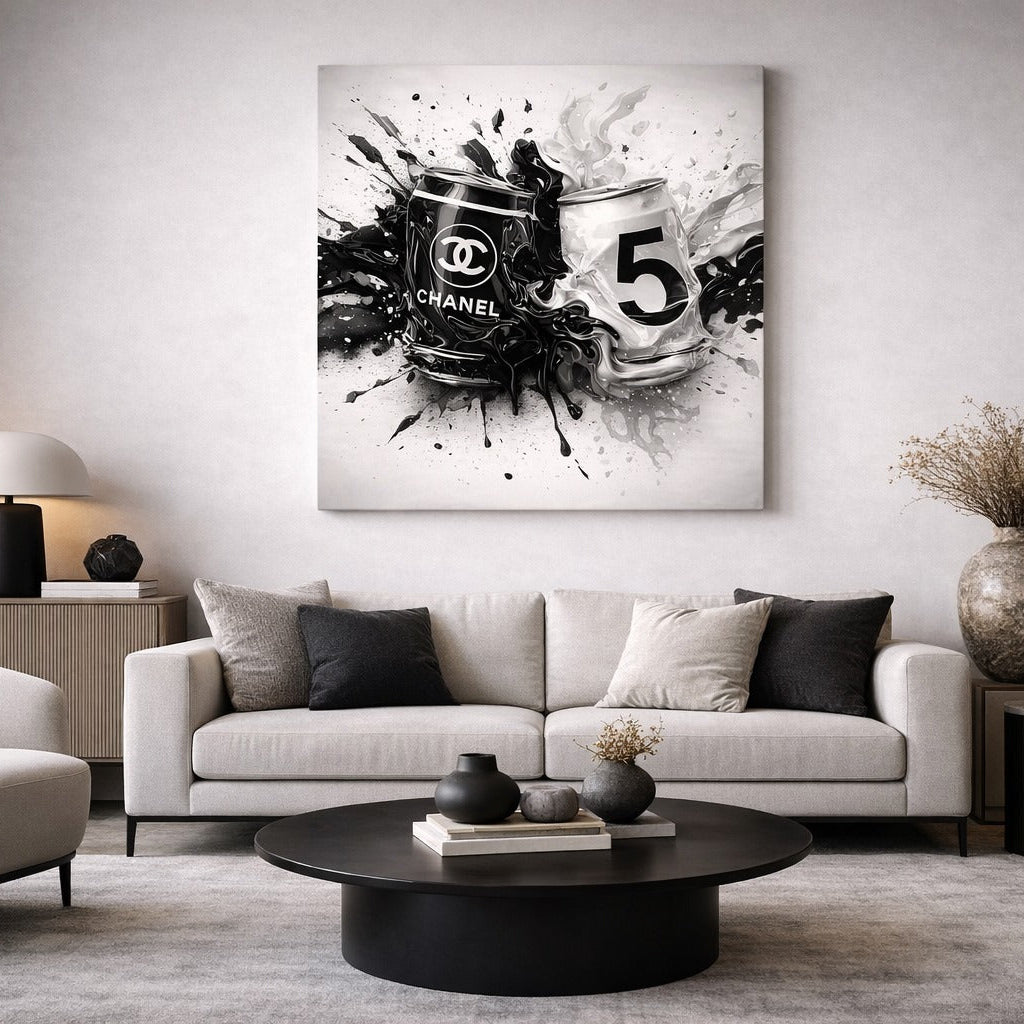 Tableau décoration murale luxe avec contraste noir et blanc et effet artistique contemporain.
