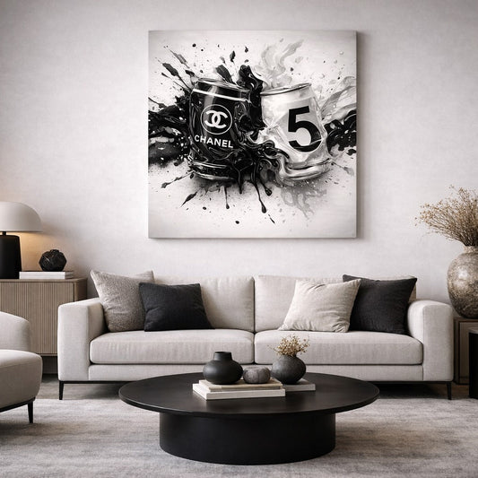 Tableau décoration murale luxe avec contraste noir et blanc et effet artistique contemporain.
