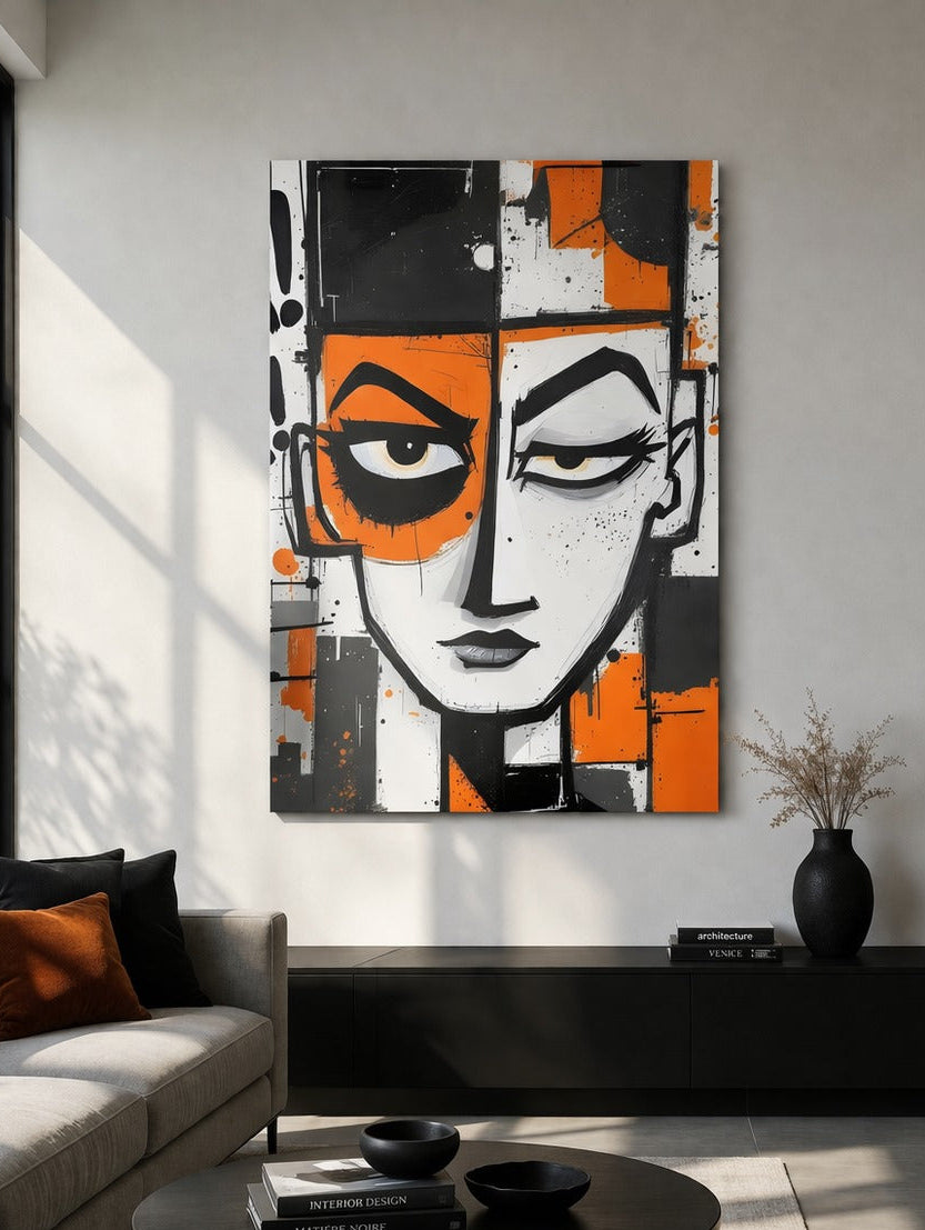 Tableau mural portrait moderne design graphique avec contrastes forts et composition artistique

