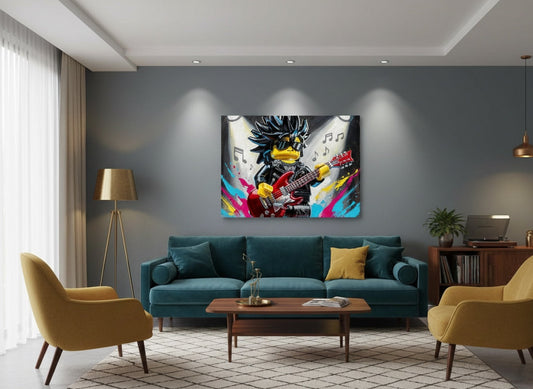 Tableau rock pop art accroché dans un salon moderne ambiance urbaine et musicale dynamique

