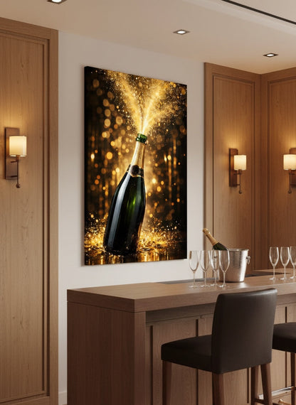 Tableau moderne champagne installé dans salon chic ambiance luxe contemporaine
