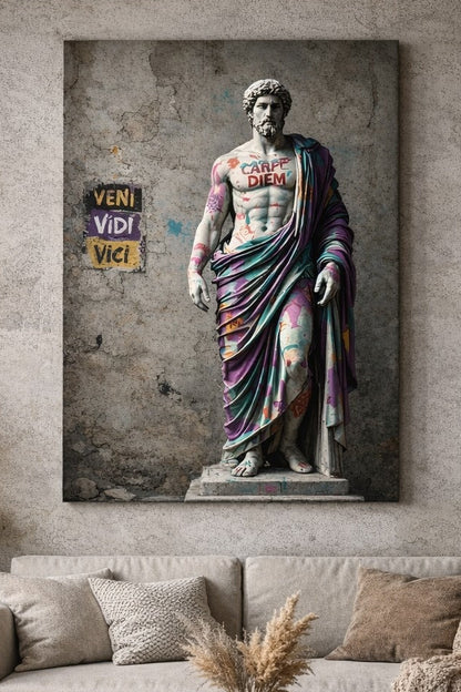 Tableau mural statue antique revisitee street art pour salon contemporain
