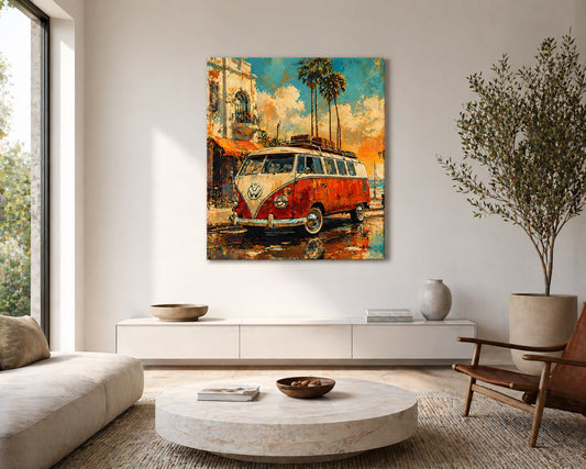 Tableau voyage Combi Volkswagen style peinture moderne avec couleurs chaudes et lumineuses
