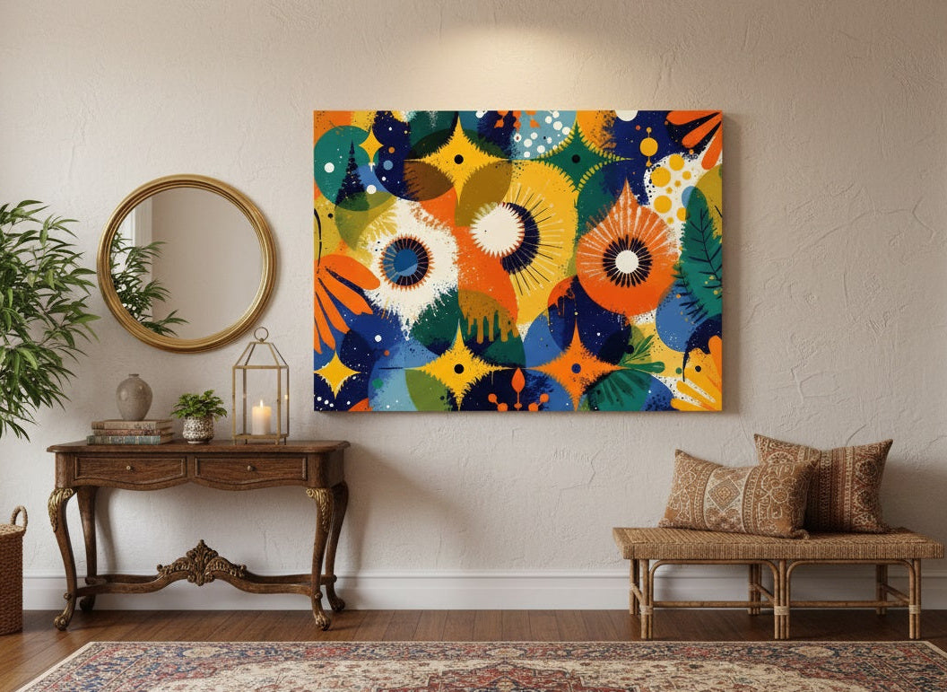 Déco murale végétale design, motifs floraux graphiques et palette vibrante, art mural expressif pour intérieur moderne.
