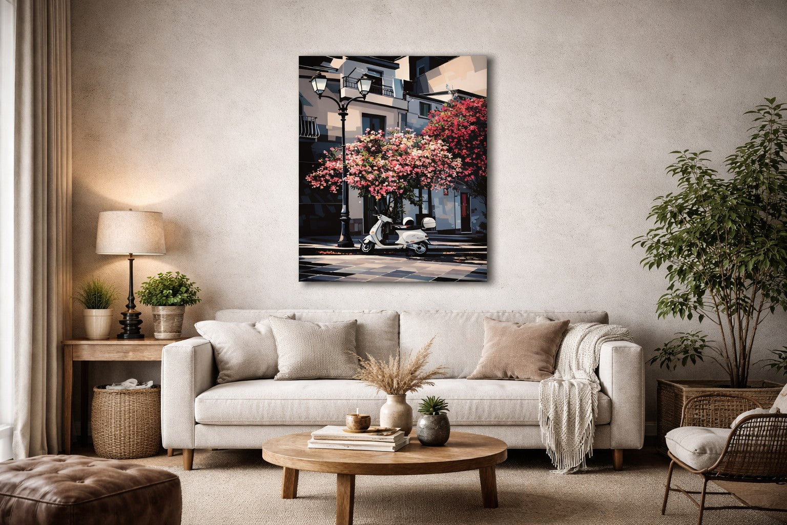 Tableau mural Vespa rue méditerranéenne pour salon moderne
