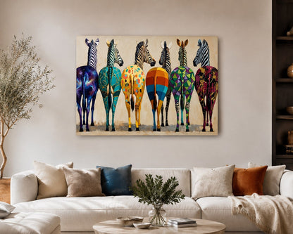 Tableau design de zèbres multicolores idéal pour intérieur contemporain et créatif
