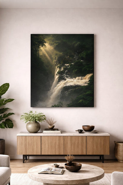 Tableau cascade jungle dans un salon moderne décoration murale nature immersive
