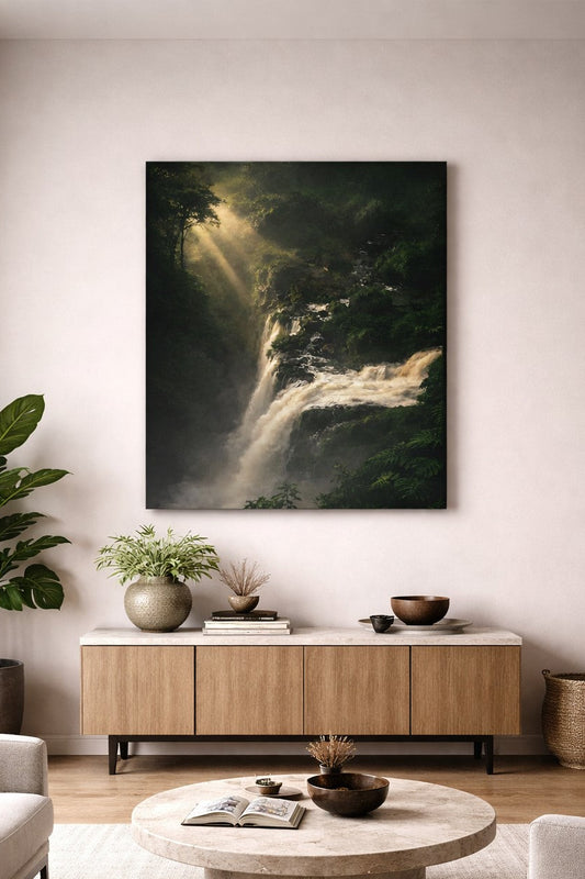 Tableau cascade jungle dans un salon moderne décoration murale nature immersive
