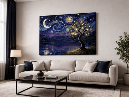 Tableau nuit étoilée moderne dans un salon décoration murale artistique
