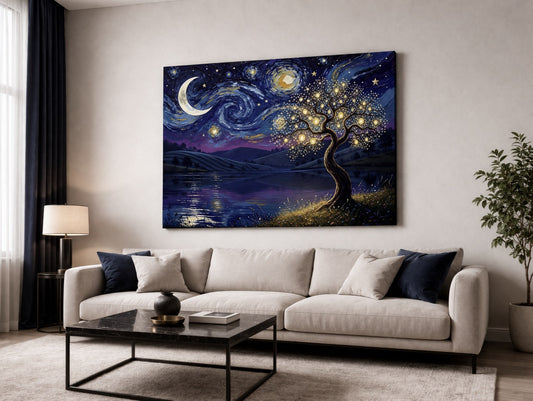 Tableau nuit étoilée moderne dans un salon décoration murale artistique
