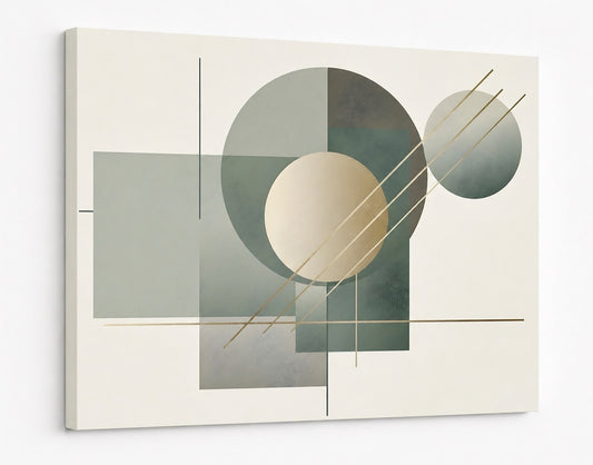 Décoration murale design minimaliste avec cercles et rectangles aux couleurs douces vertes et beige contemporaines
