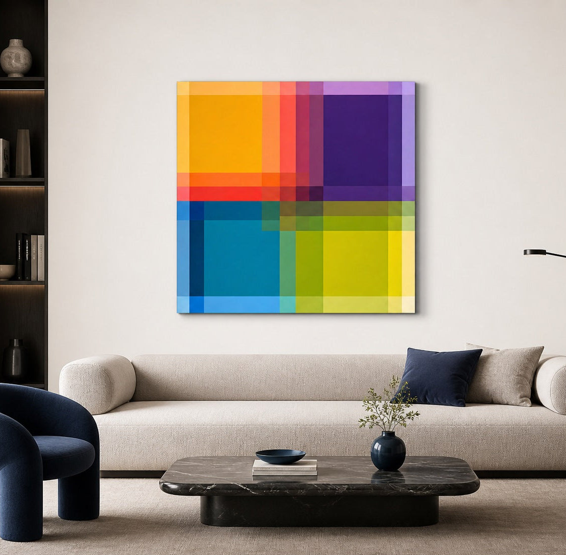 Art abstrait contemporain avec rectangles colorés superposés pour décoration murale moderne
