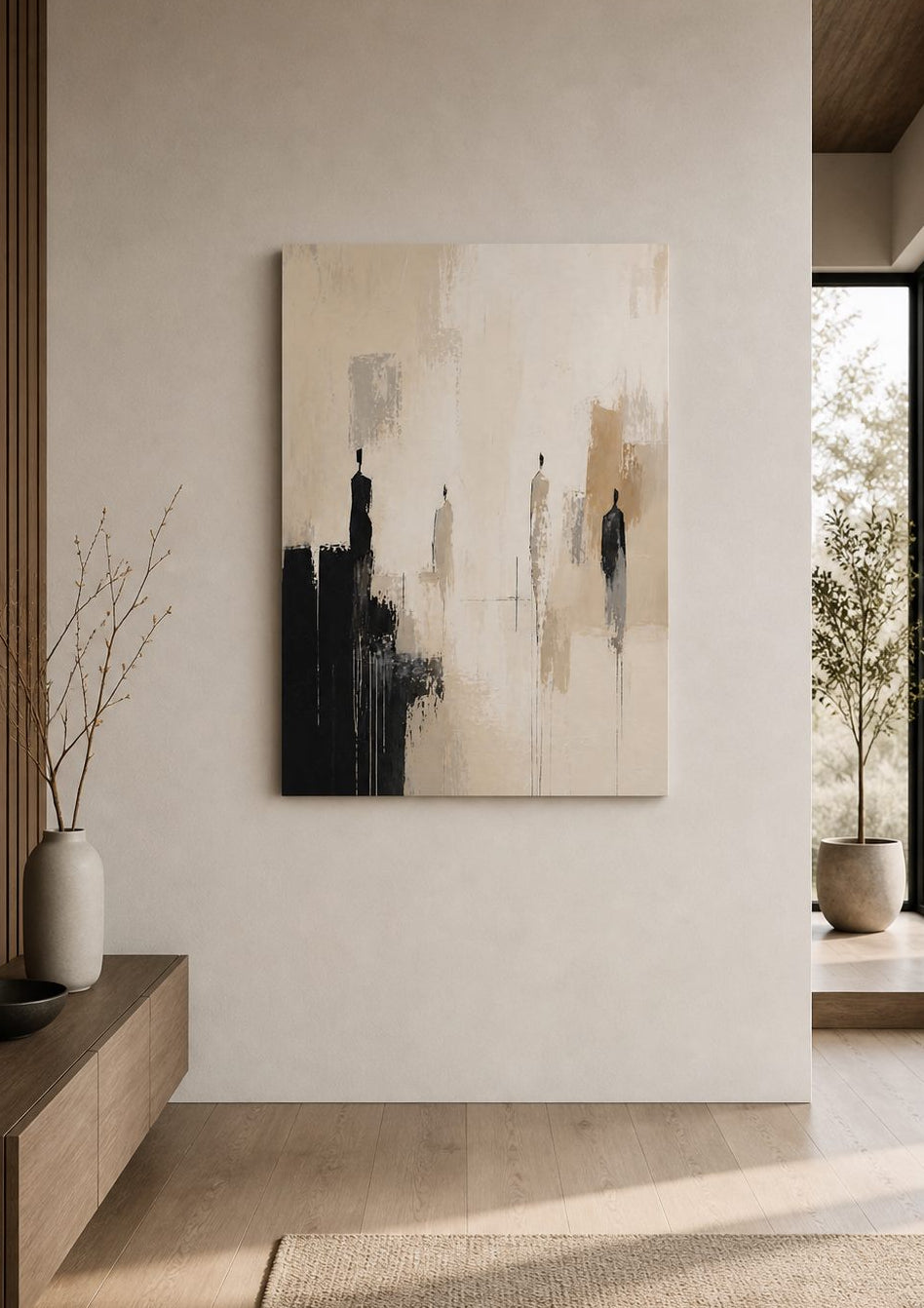 Décoration murale figurative minimaliste avec silhouettes verticales dans une ambiance contemporaine apaisante
