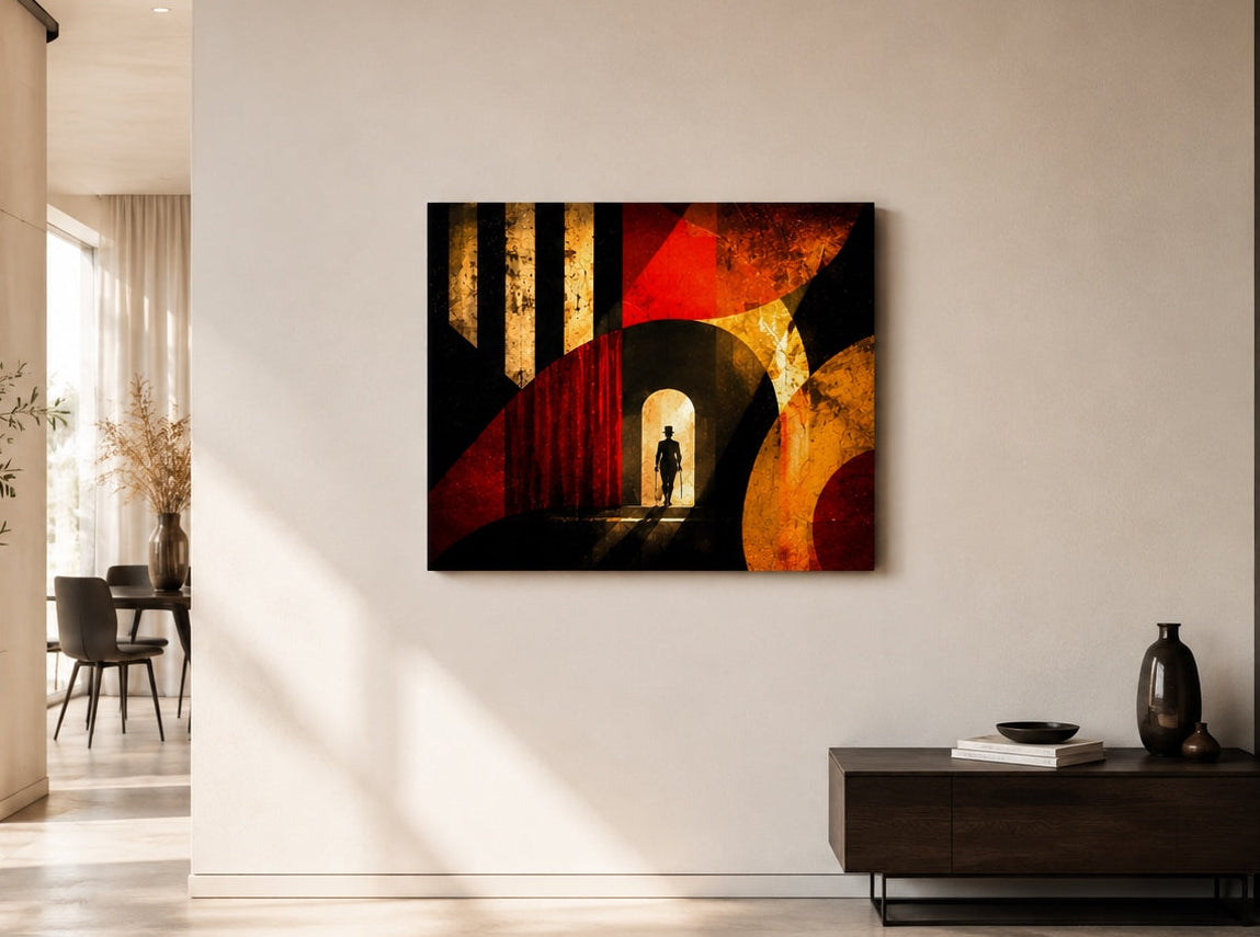 Tableau cirque contemporain avec maître de piste dans un décor graphique rouge, noir et orangé
