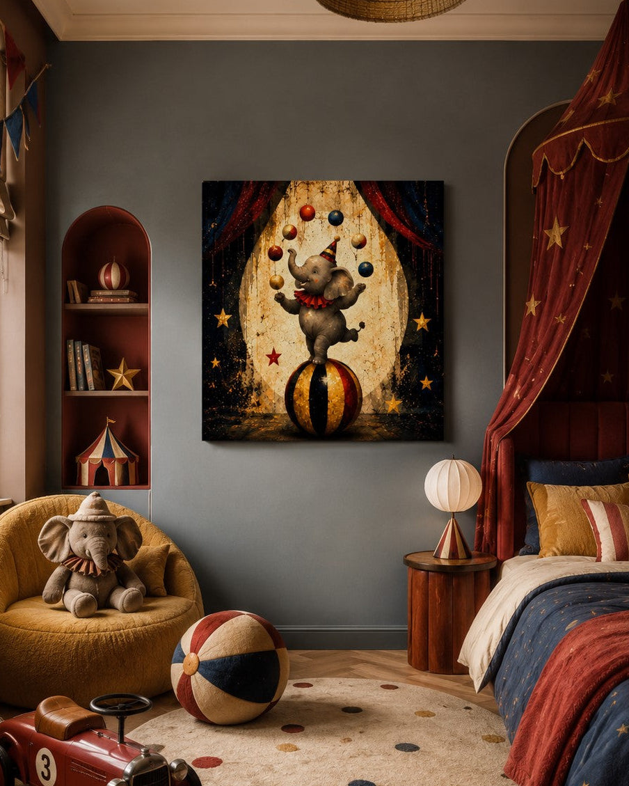 Illustration artistique d'un éléphant équilibriste sur un ballon de cirque avec rideaux de scène, étoiles suspendues et palette vintage pour une chambre d'enfant originale.

