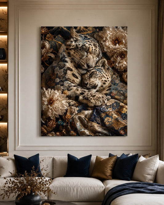 Tableau décoratif haut de gamme représentant deux félins sauvages dans un décor floral raffiné
