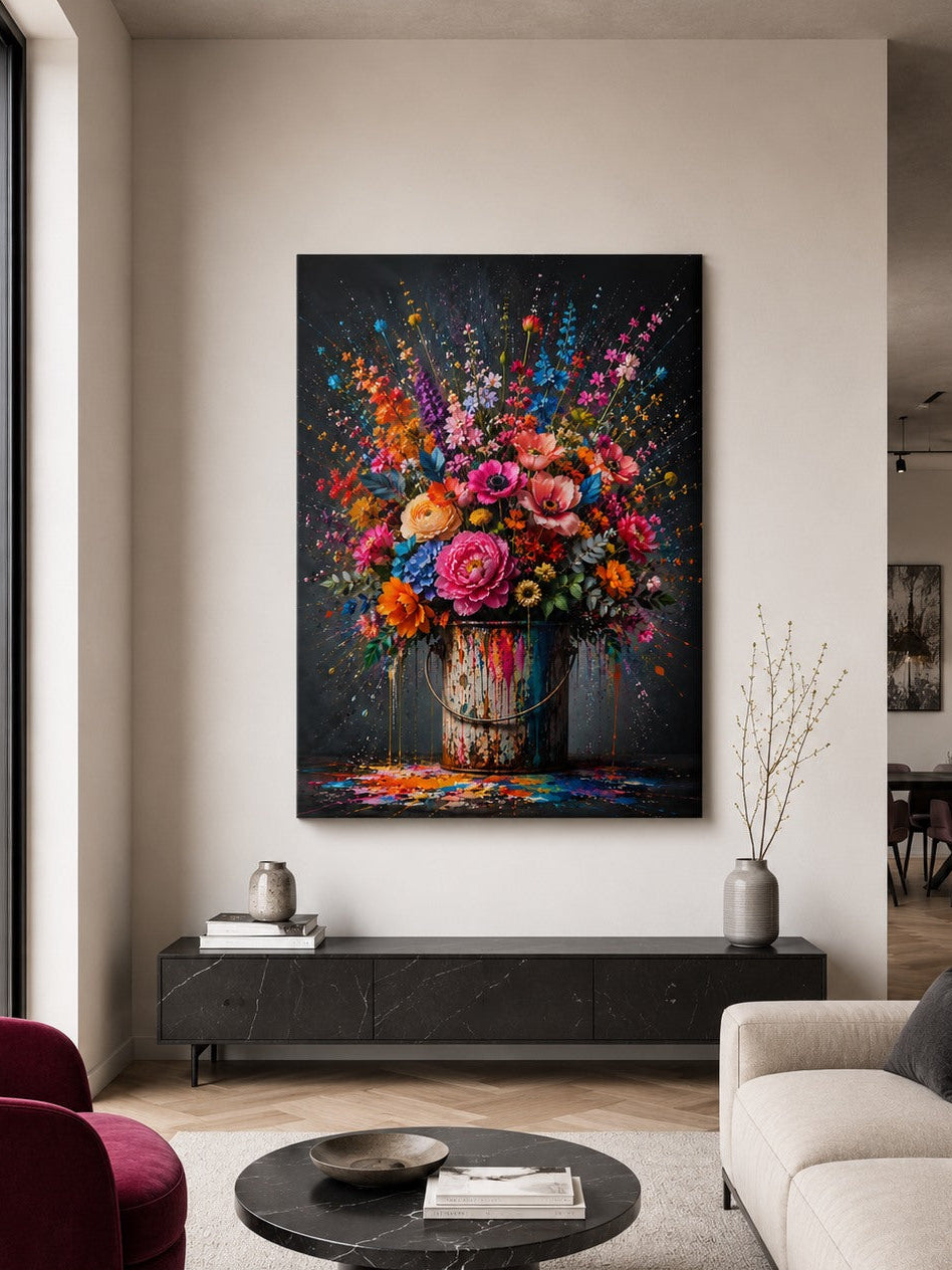 Décoration murale florale contemporaine avec fleurs multicolores dans un pot de peinture
